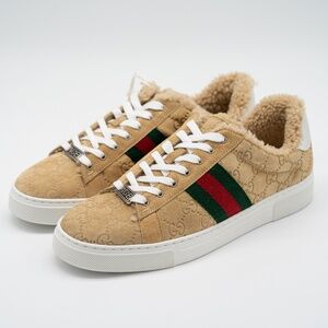 size 39.5G 9.5 US Gucci Ace GG Brown Mutton Fur Shearling Suede Web Sneakers
